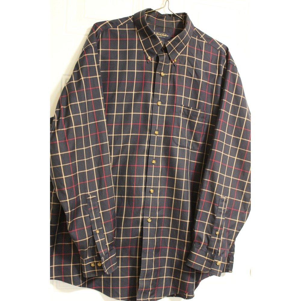 Brooks Brothers Mens Navy‎ Blue Tan Red Windowpane Check Button Down Shirt XL